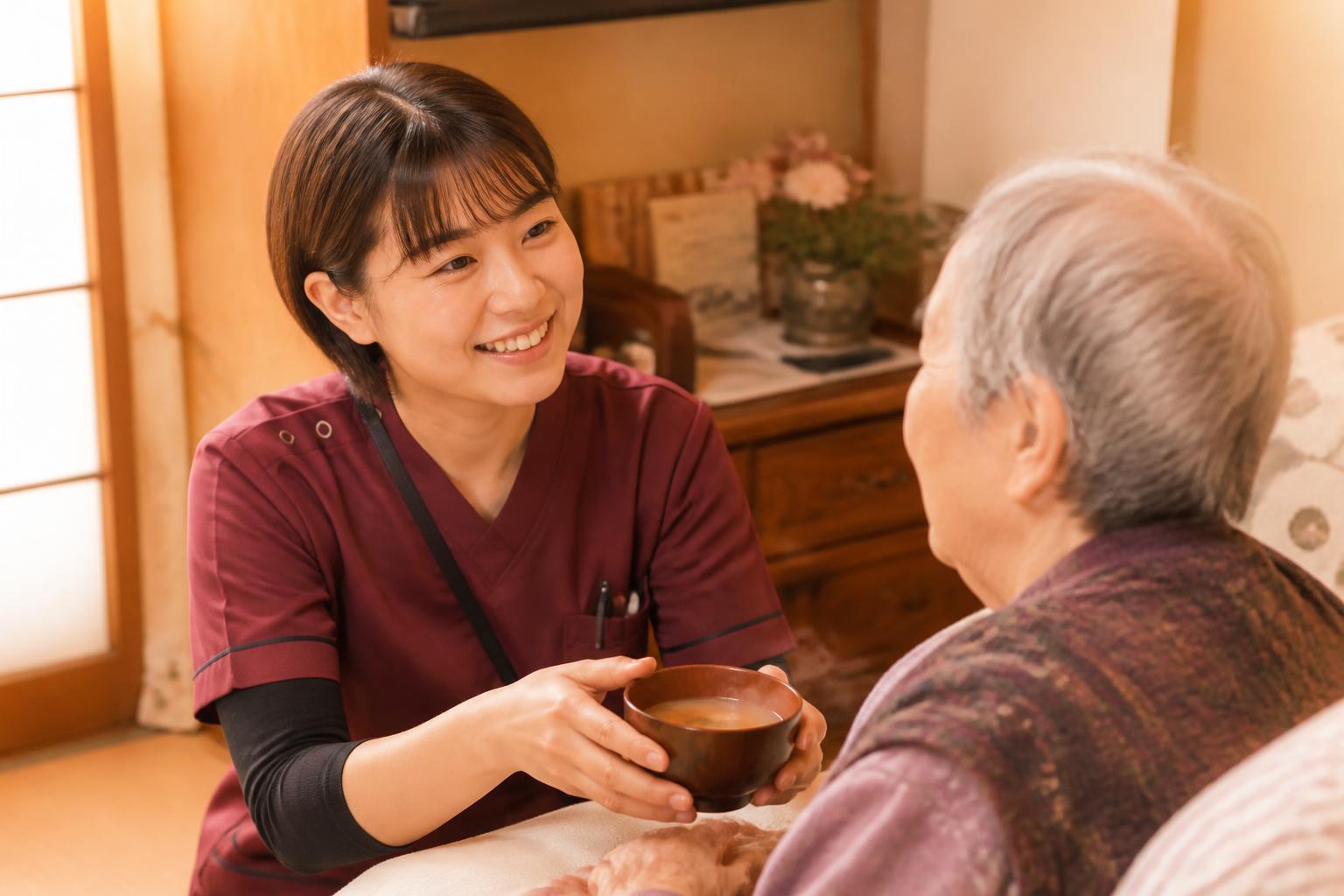 やさしく食事を介助する看護師
